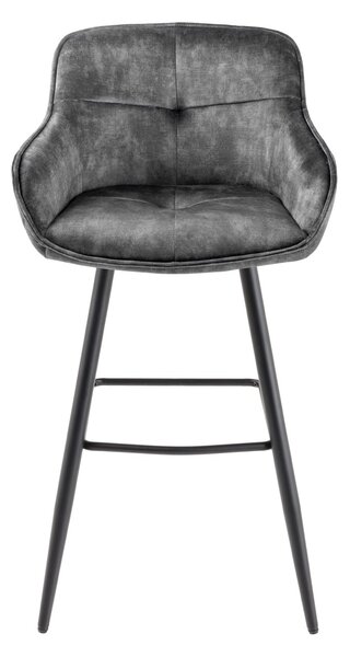 Glamour designová barová židle Rufus s tmavě šedým sametovým čalouněním a černou konstrukcí z kovu 100cm