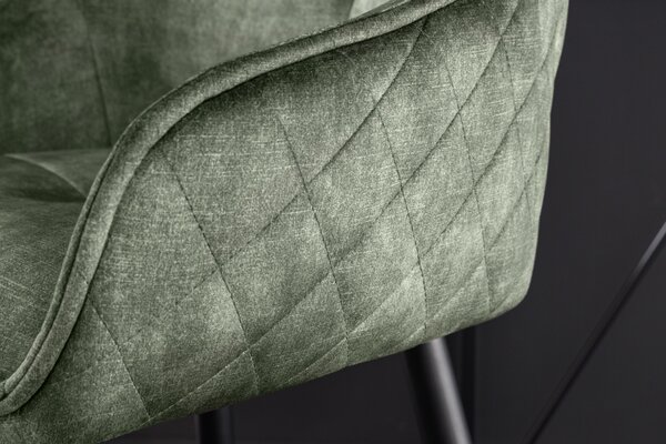Moderní industriální barová židle Rufus s olivově zeleným sametovým čalouněním a černou konstrukcí z kovu 100cm