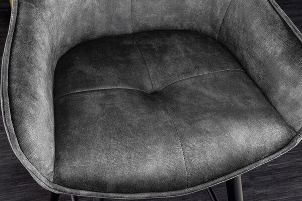 Glamour designová barová židle Rufus s tmavě šedým sametovým čalouněním a černou konstrukcí z kovu 100cm