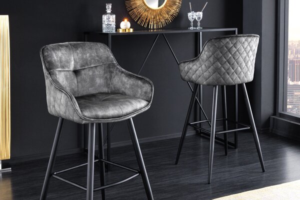 Glamour designová barová židle Rufus s tmavě šedým sametovým čalouněním a černou konstrukcí z kovu 100cm