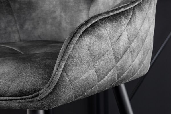 Glamour designová barová židle Rufus s tmavě šedým sametovým čalouněním a černou konstrukcí z kovu 100cm