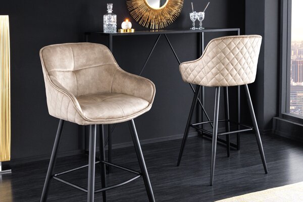 Glamour designová barová židle Rufus s béžovým champagne potahem a černou konstrukcí z kovu 100cm