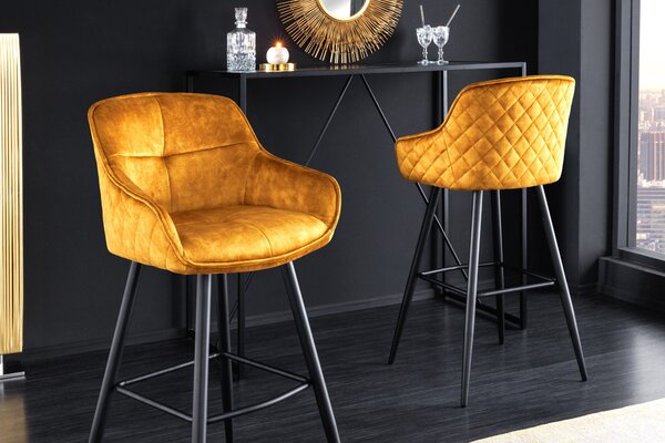 Designová industriální barová židle Rufus se žlutým čalouněním a černou konstrukcí z kovu 100cm