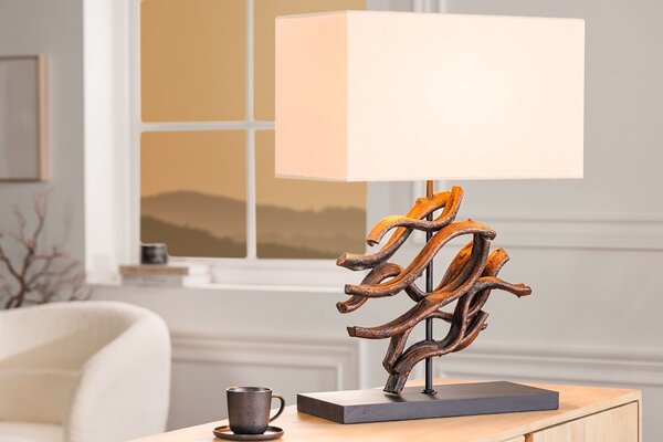 Stolní lampa Ralyn ve venkovském stylu se stínítkem v béžové barvě s dekoračním prvkem z teakového dřeva 57 cm