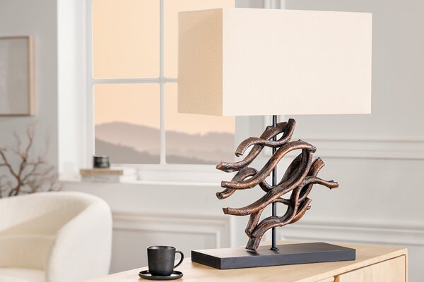 Stolní lampa Ralyn ve venkovském stylu se stínítkem v béžové barvě s dekoračním prvkem z teakového dřeva 57 cm