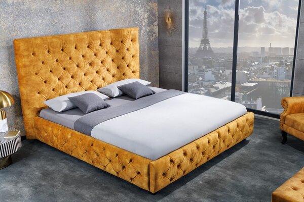 Moderní manželská postel Kreon se sametovým potahem žluté barvy s chesterfield prošíváním 160x200cm