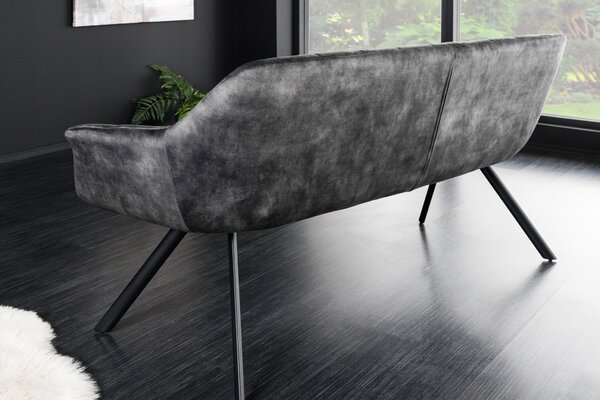 Luxusní designová lavice Mariposa se sametovým ozdobně prošívaným potahem v šedé barvě s černými nožičkami 165 cm