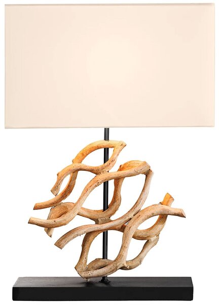 Stolní lampa Rilyn ve venkovském stylu s dekoračním detailem z teakového dřeva a béžovým stínítkem 57 cm