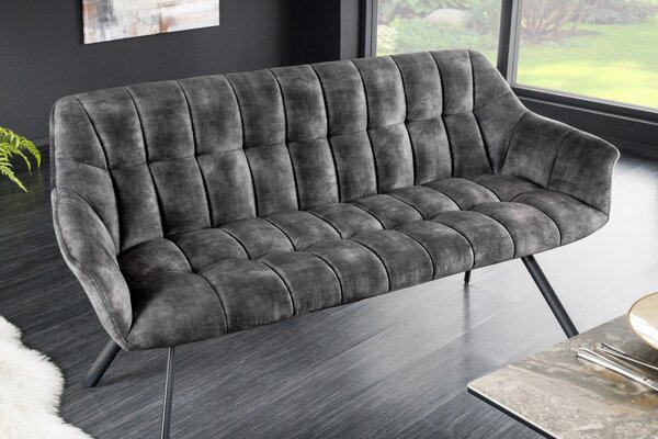 Luxusní designová lavice Mariposa se sametovým ozdobně prošívaným potahem v šedé barvě s černými nožičkami 165 cm