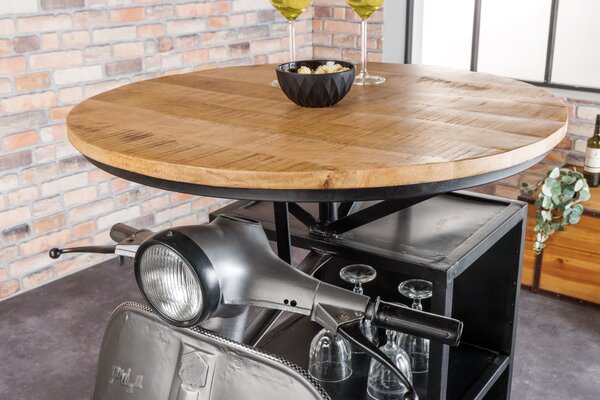 Industriální barový stůl Scooter s designem motorky a policemi a vrchní deskou z mangového dřeva stříbrná 116 cm