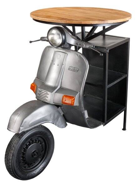 Industriální barový stůl Scooter s designem motorky a policemi a vrchní deskou z mangového dřeva stříbrná 116 cm