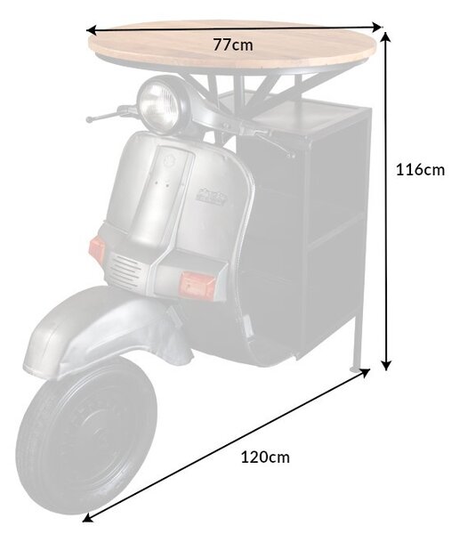 Industriální barový stůl Scooter s designem motorky a policemi a vrchní deskou z mangového dřeva stříbrná 116 cm