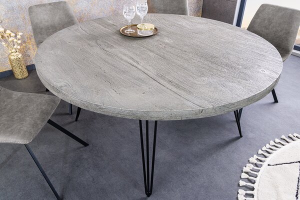 Industriální kulatý jídelní stůl Moonlight s vrchní deskou z mangového masivu ve světlém šedém zpracování 120 cm