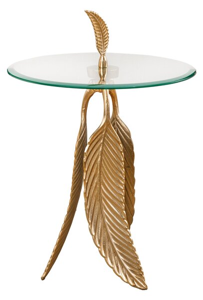 Art-deco kulatý příruční stolek Pluma se skleněnou vrchní deskou a podstavou s designem pírek ve zlaté barvě 45 cm