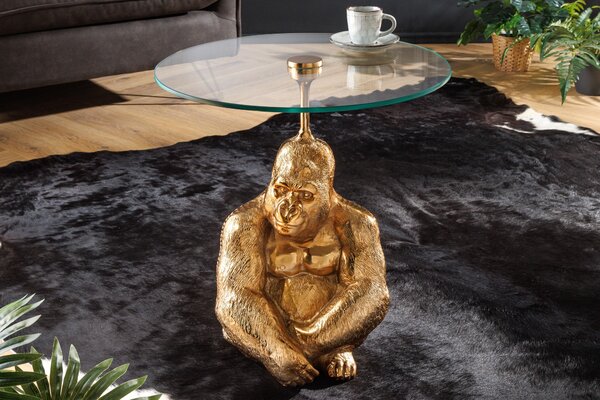 Luxusní kulatý příruční stolek Wilde v art-deco stylu s podstavou s figurou gorily ve zlaté barvě a skleněnou deskou 51 cm