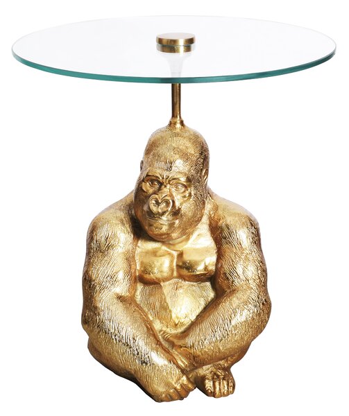 Luxusní kulatý příruční stolek Wilde v art-deco stylu s podstavou s figurou gorily ve zlaté barvě a skleněnou deskou 51 cm