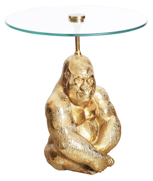 Luxusní kulatý příruční stolek Wilde v art-deco stylu s podstavou s figurou gorily ve zlaté barvě a skleněnou deskou 51 cm