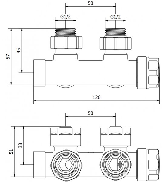 Mexen Uni-term, úhlový ventil pro radiátor s roztečí 50mm, oboustranný, černá matná, W907-000-70