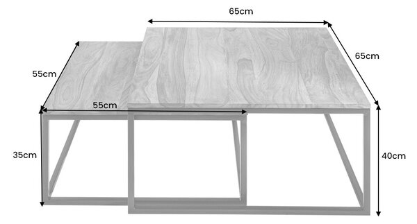 Industriální set dvou konferenčních stolků Elements II ze sheesham dřeva a černé kovové podstavy 65cm