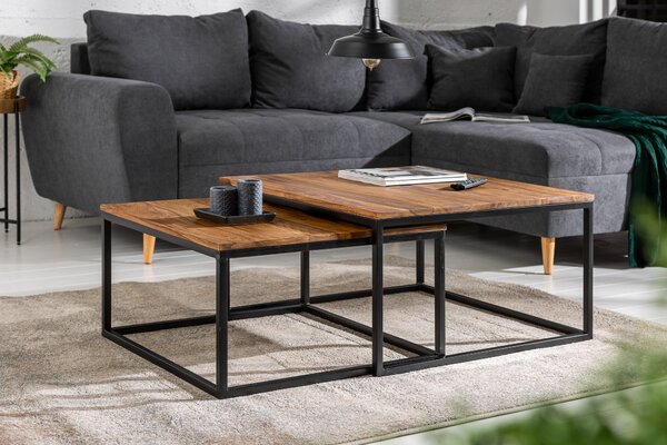 Industriální set dvou konferenčních stolků Elements II ze sheesham dřeva a černé kovové podstavy 65cm