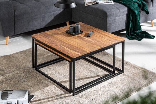 Industriální set dvou konferenčních stolků Elements II ze sheesham dřeva a černé kovové podstavy 65cm