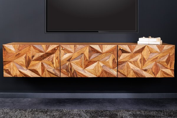 Designový retro nástěnný TV stolek Camille III z masivního akáciového dřeva se třemi dvířky s diamantovými 3D tvary 160cm