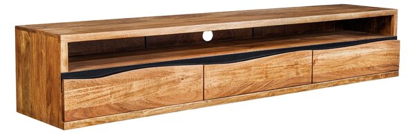 Designový retro nástěnný TV stolek Mammut z masivního akáciového dřeva se třemi zásuvkami a jednou dlouhou poličkou 160cm