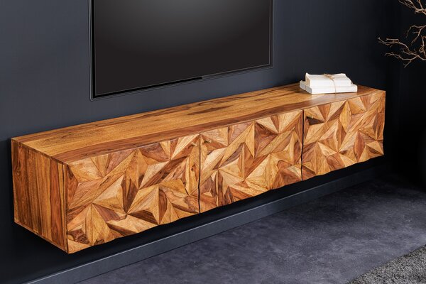 Designový retro nástěnný TV stolek Camille III z masivního akáciového dřeva se třemi dvířky s diamantovými 3D tvary 160cm