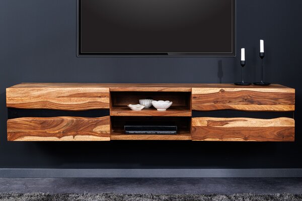 Designový nástěnný TV stolek Mammut II z masivního sheesham dřeva se dvěma dvířky a poličkami 160cm