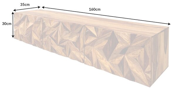 Designový retro nástěnný TV stolek Camille III z masivního akáciového dřeva se třemi dvířky s diamantovými 3D tvary 160cm
