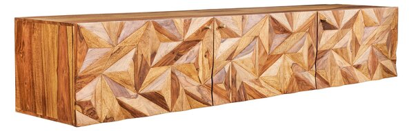 Designový retro nástěnný TV stolek Camille III z masivního akáciového dřeva se třemi dvířky s diamantovými 3D tvary 160cm