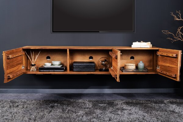 Designový retro nástěnný TV stolek Camille III z masivního akáciového dřeva se třemi dvířky s diamantovými 3D tvary 160cm