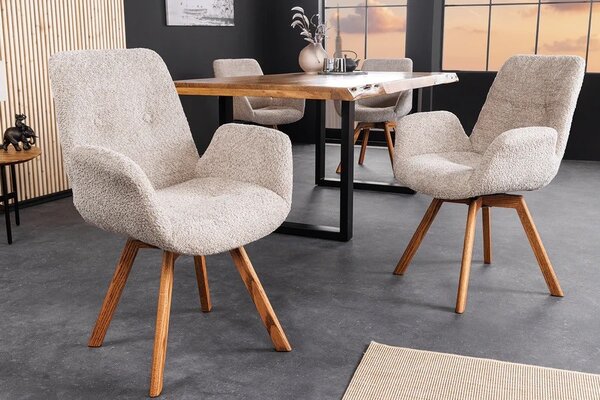 Designová moderní otočná židle Gothenborg se světlým béžový buklé čalouněním as opěrkami na ruce 61 cm