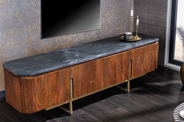 Art deco televizní stolek Gatsby s mramorovou deskou v černé barvě z mangového dřeva 160 cm