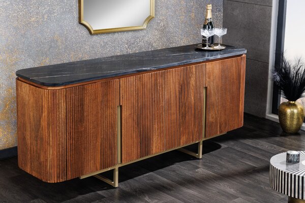 Art deco luxusní příborník Gatsby s mramorovým designem z mramoru v černé barvě z mangového dřeva 160cm