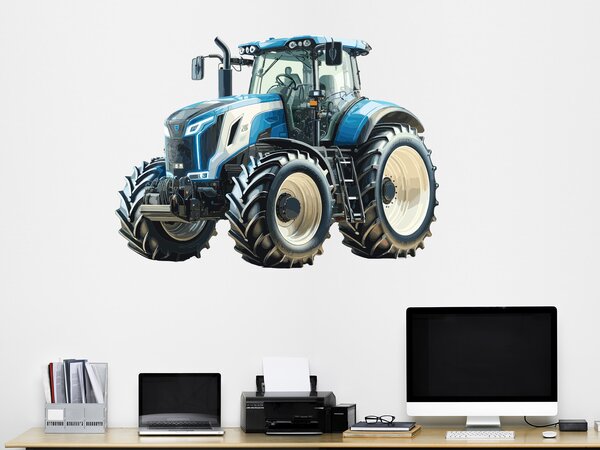 Modrobílý traktor textilní přelepitelná samolepka na zeď arch 47 x 34 cm