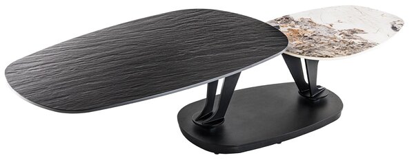 Designový konferenční stolek Delin s mramorovou deskou v černé barvě a dvěma otočnými dvouúrovňovými deskami 94-163 cm