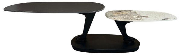 Designový konferenční stolek Delin s mramorovou deskou v černé barvě a dvěma otočnými dvouúrovňovými deskami 94-163 cm