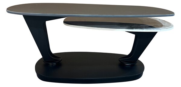 Designový konferenční stolek Delin s mramorovou deskou v černé barvě a dvěma otočnými dvouúrovňovými deskami 94-163 cm