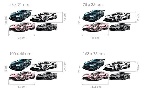 Sportovní auta sada textilní přelepitelné samolepky na zeď arch 46 x 21 cm