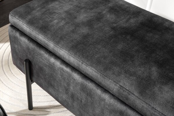 Moderní šedá designová lavice Irvin s úložným prostorem a sametovým čalouněním 100 cm