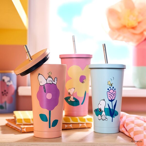 PEANUTS Kelímek nerezový s brčkem 500 ml - růžová