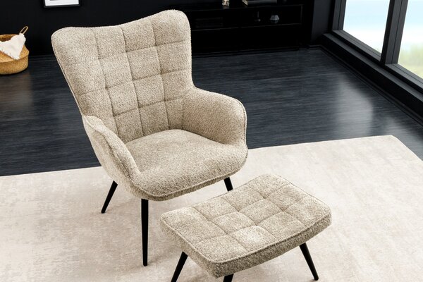 Moderní designové křeslo ušák Scandinavia s potahem z buklé látky v šedo bílé barvě s ozdobným prošíváním 98 cm