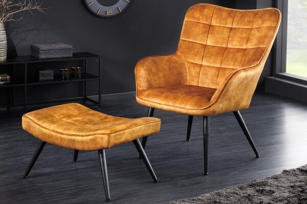Designová čalouněná podnožka Scandinavia se sametovým prošívaným potahem v hořčicové žluté barvě 61 cm
