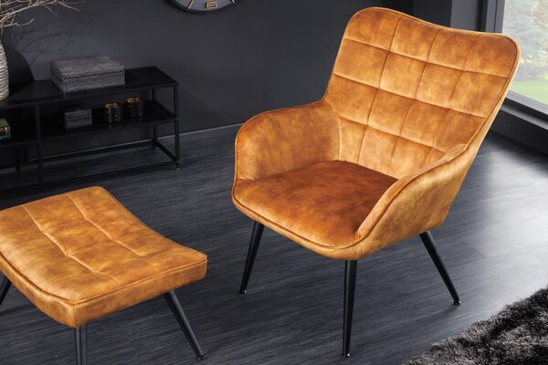 Designové křeslo ušák Scandinavia s hořčicovým žlutým sametovým potahem s ozdobným prošíváním 98 cm