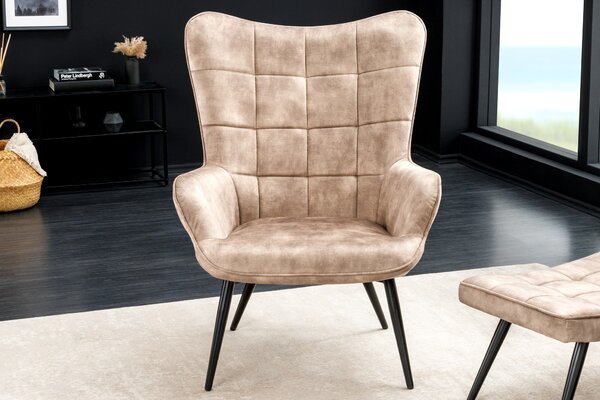 Designové čalouněné křeslo ušák Scandinavia se sametovým potahem v šampaňské béžové barvě s ozdobným prošíváním 98 cm