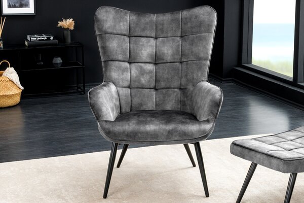 Designové křeslo ušák Scandinavia s šedým sametovým potahem a ozdobným prošíváním 98 cm