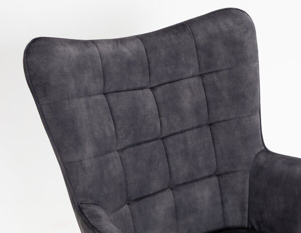 Designové křeslo ušák Scandinavia s šedým sametovým potahem a ozdobným prošíváním 98 cm