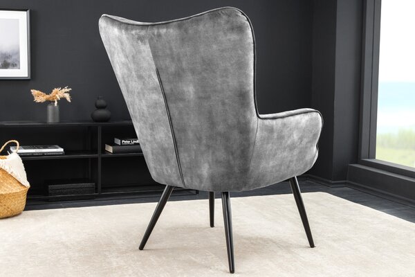 Designové křeslo ušák Scandinavia s šedým sametovým potahem a ozdobným prošíváním 98 cm