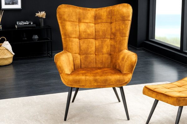 Designové křeslo ušák Scandinavia s hořčicovým žlutým sametovým potahem s ozdobným prošíváním 98 cm